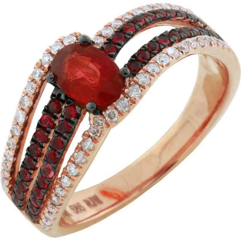 Royal 14K Rose Gold Ruby and Diamond Halo Ring - 1.30 Carat Ruby Weight - Sparkling Round Diamonds