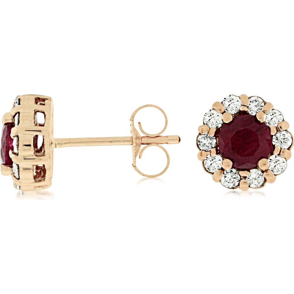 Royal 14K Rose Gold Ruby & Diamond Halo Stud Earrings - 0.90 Carat Ruby, 0.40 Carat Diamond Total Weight