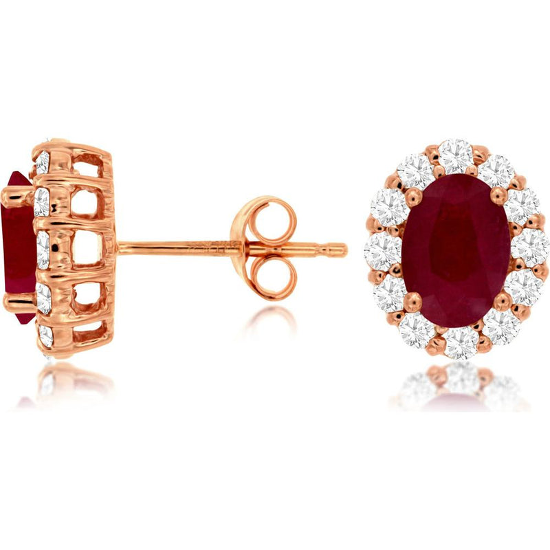 Royal 14K Rose Gold Ruby & Diamond Halo Stud Earrings - 1.80 Carat Ruby, 0.60 Carat Total Diamond Weight