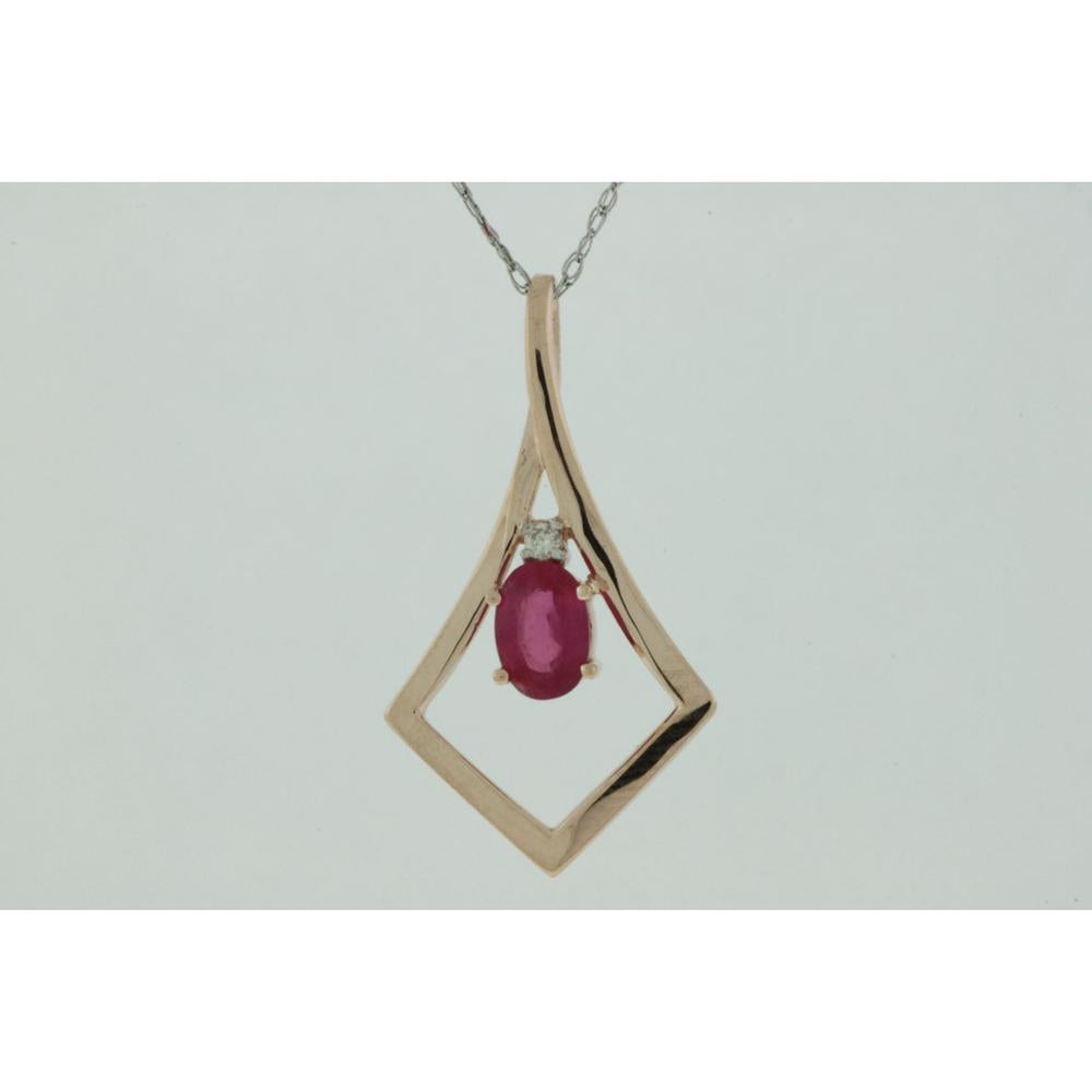 Royal 14K Rose Gold Ruby and Diamond Oval Pendant - 0.65 Carats Ruby, 0.02 Carats Diamond