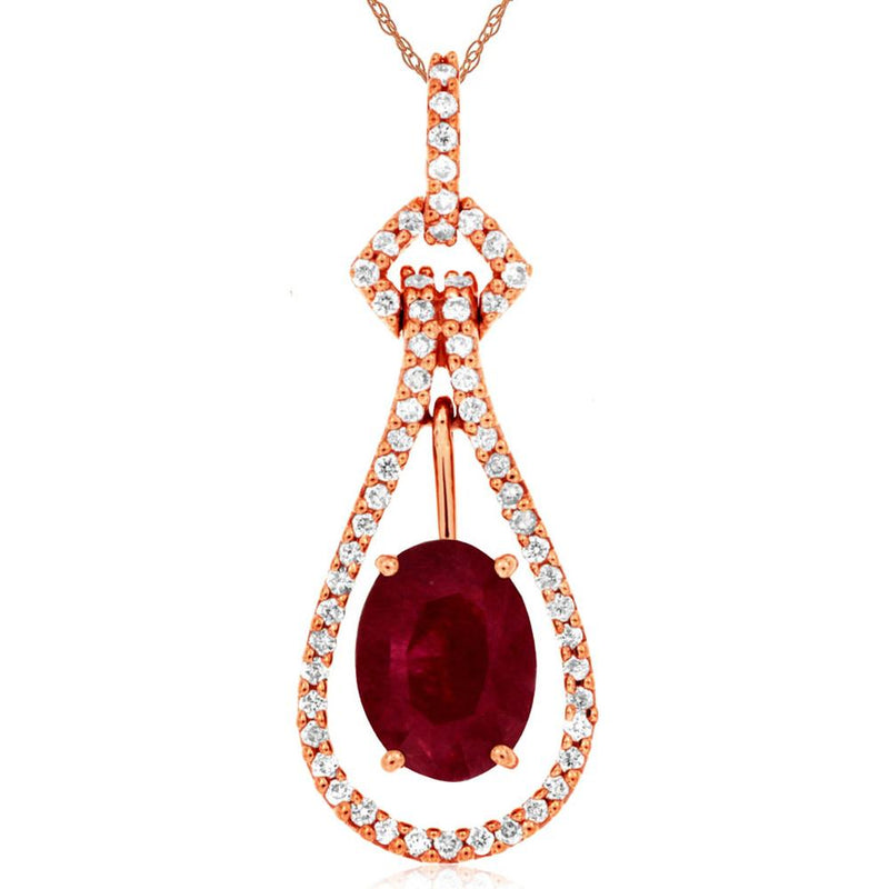 Royal 14K Rose Gold Ruby & Diamond Pendant with Oval Ruby Centerpiece - 1.42 Carat Total Gem Weight