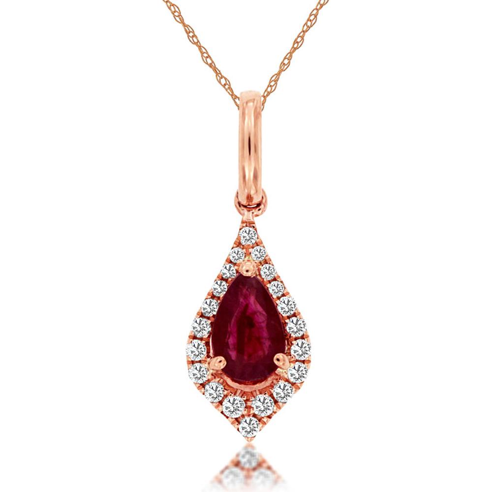Royal 14K Rose Gold Ruby & Diamond Pendant with Pear-Shaped Ruby and Diamonds - 0.52 Carats Total Gem Weight