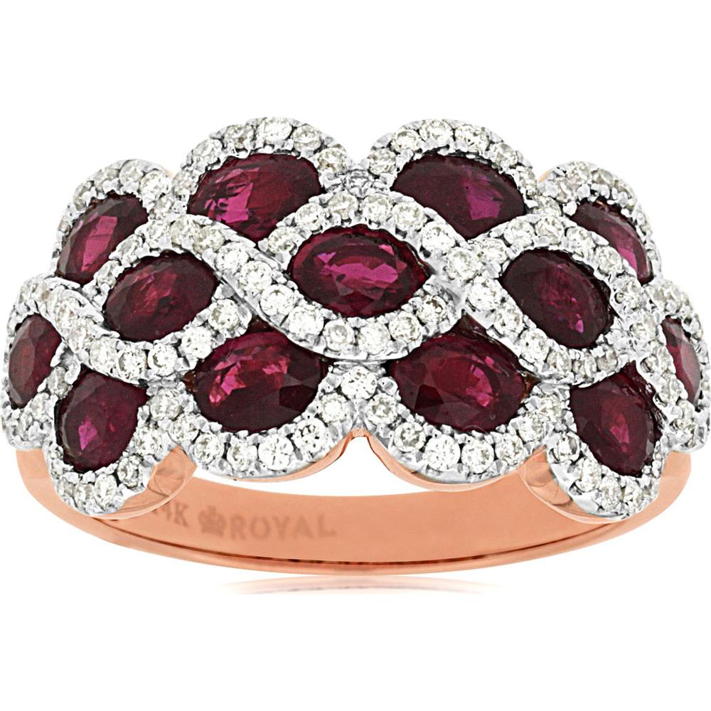Royal 14K Rose Gold Ruby & Diamond Ring with Oval Rubies - 2.90 Carats Total Ruby Weight, 0.63 Carats Total Diamond Weight