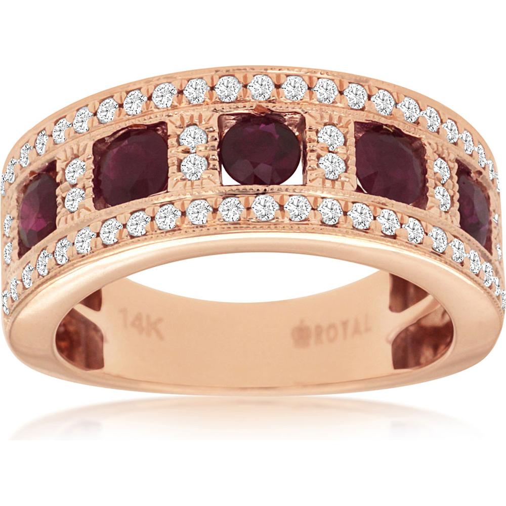 Royal 14K Rose Gold Ruby & Diamond Ring with Round Rubies and Sparkling Diamonds - 1.47 Carats Total Gem Weight