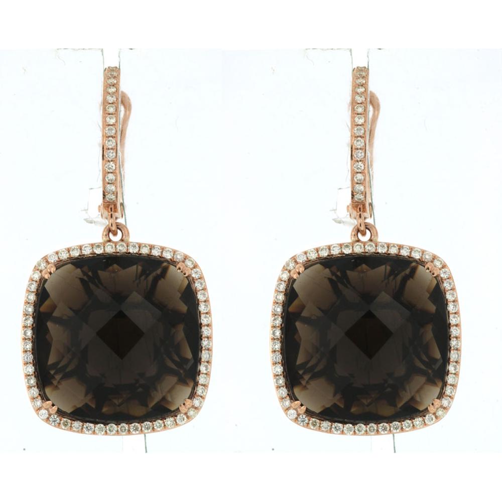 Royal 14K Rose Gold Smoky Quartz & Diamond Earrings - 20.20 Carat Total Gem Weight