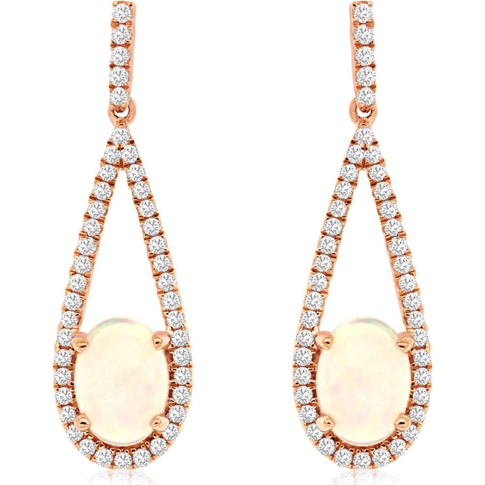 Royal 14K Rose Gold Teardrop Earrings with Oval Opals and Round Diamond Halo - 1.35 Carats Total Gem Weight