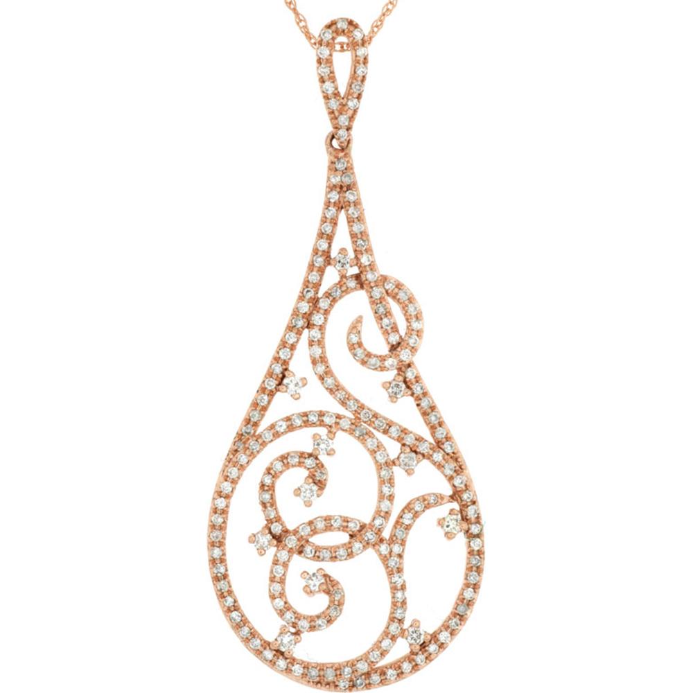 Royal 14K Rose Gold Teardrop Pendant with Openwork Design and 0.65 Carat Round Diamonds