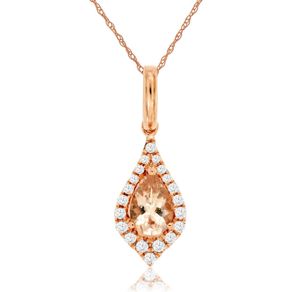 Royal 14K Rose Gold Teardrop Pendant with Oval Morganite and Diamond Halo - 0.45 Carat Total Gem Weight