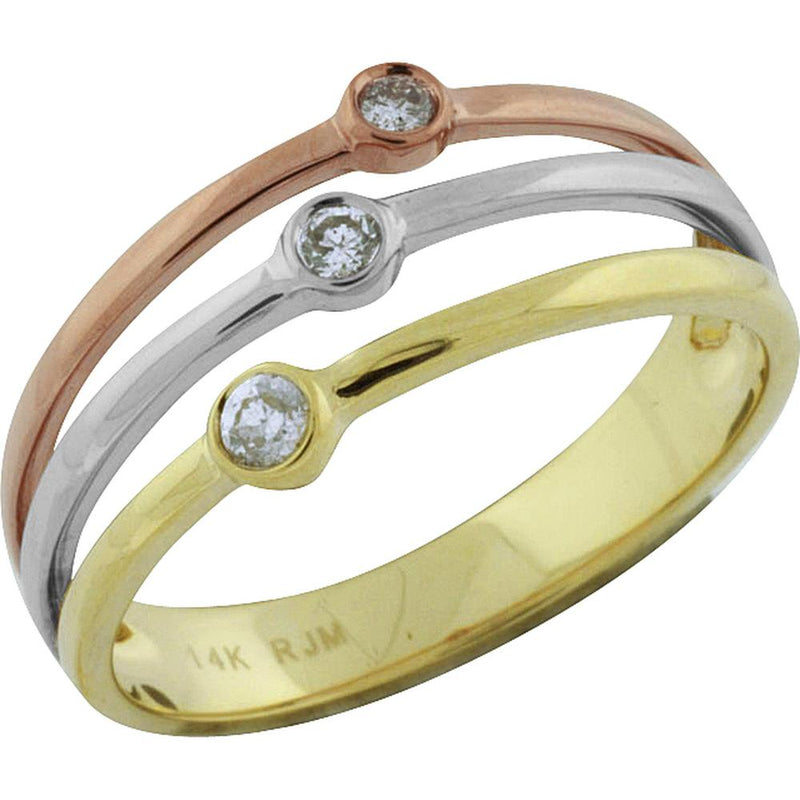 Royal 14K Tri-Color Gold Band Ring with Bezel Set Round Diamonds - 0.11 Carat Total Diamond Weight