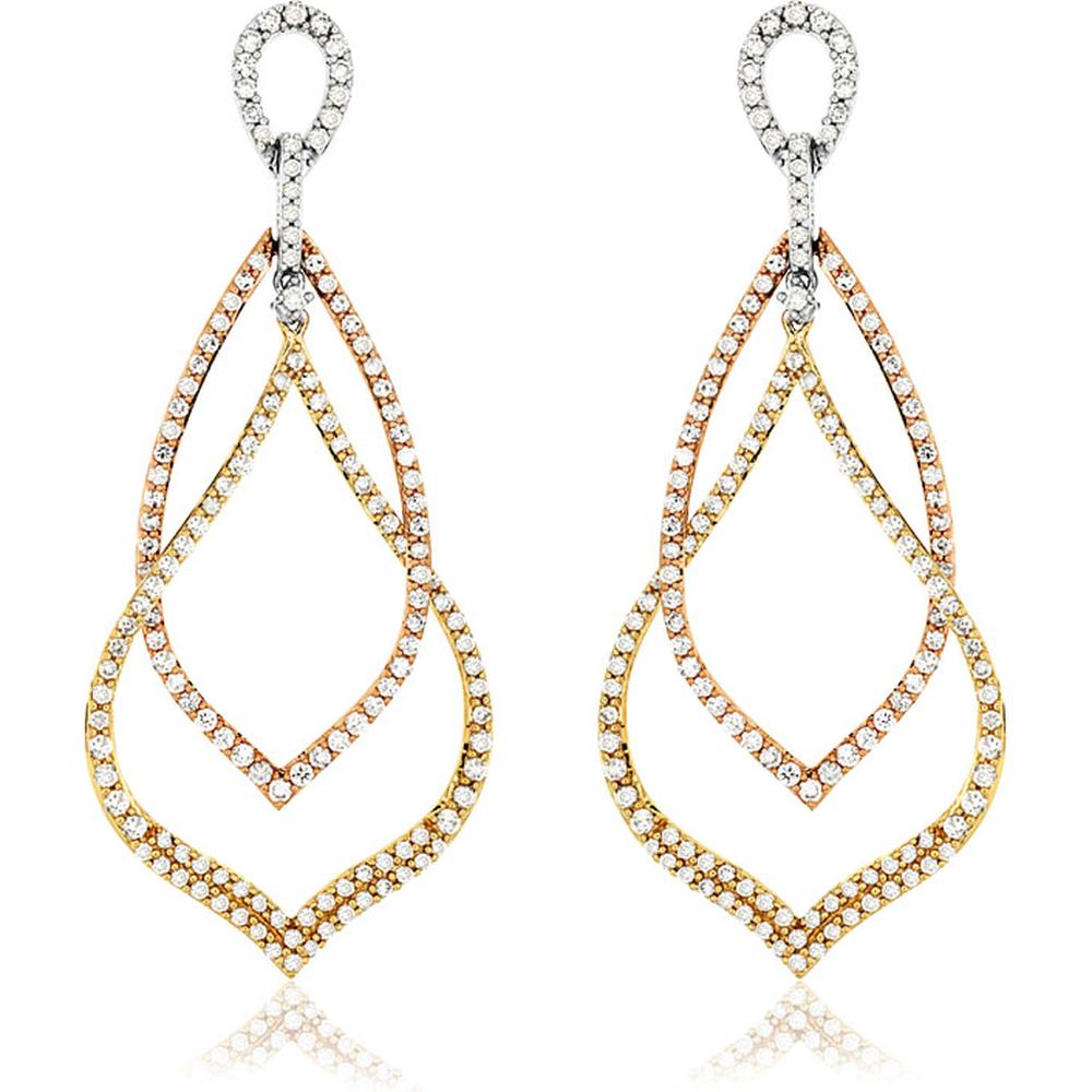 Royal 14K Tri-Color Gold Diamond Earrings - 2.50 Carat Total Diamond Weight