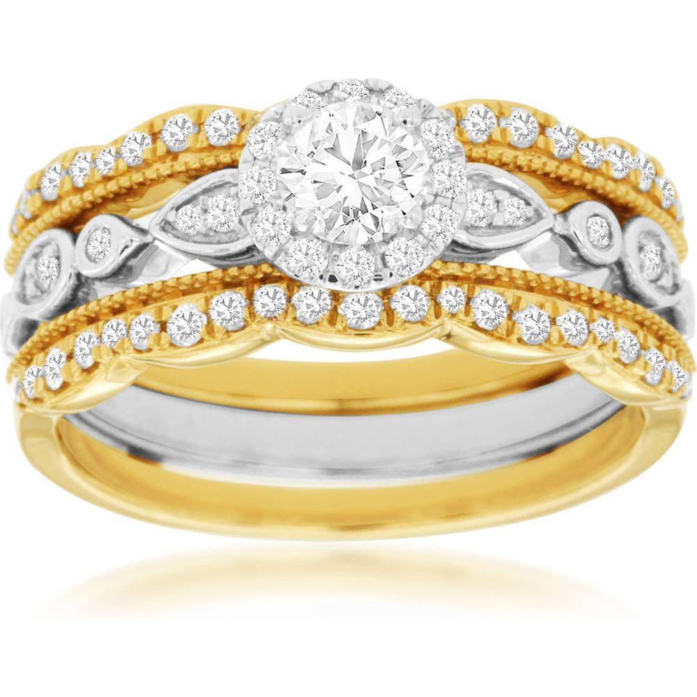 Royal 14K Two-Tone Gold Engagement & Wedding Band Set with Round Brilliant Cut Diamonds - 0.77 Carats Total Diamond Weight
