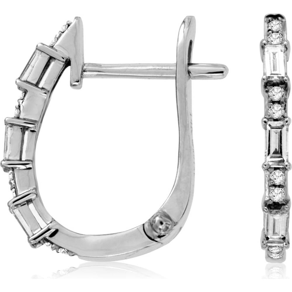 Royal 14K White Gold 15mm Medium Hoop Earrings with Baguette and Round Diamonds - 0.26 Carat Total Diamond Weight
