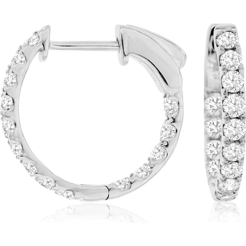 Royal 14K White Gold 16mm Medium Hoop Earrings with Prong Set Round Diamonds - 1.00 Carat Total Diamond Weight