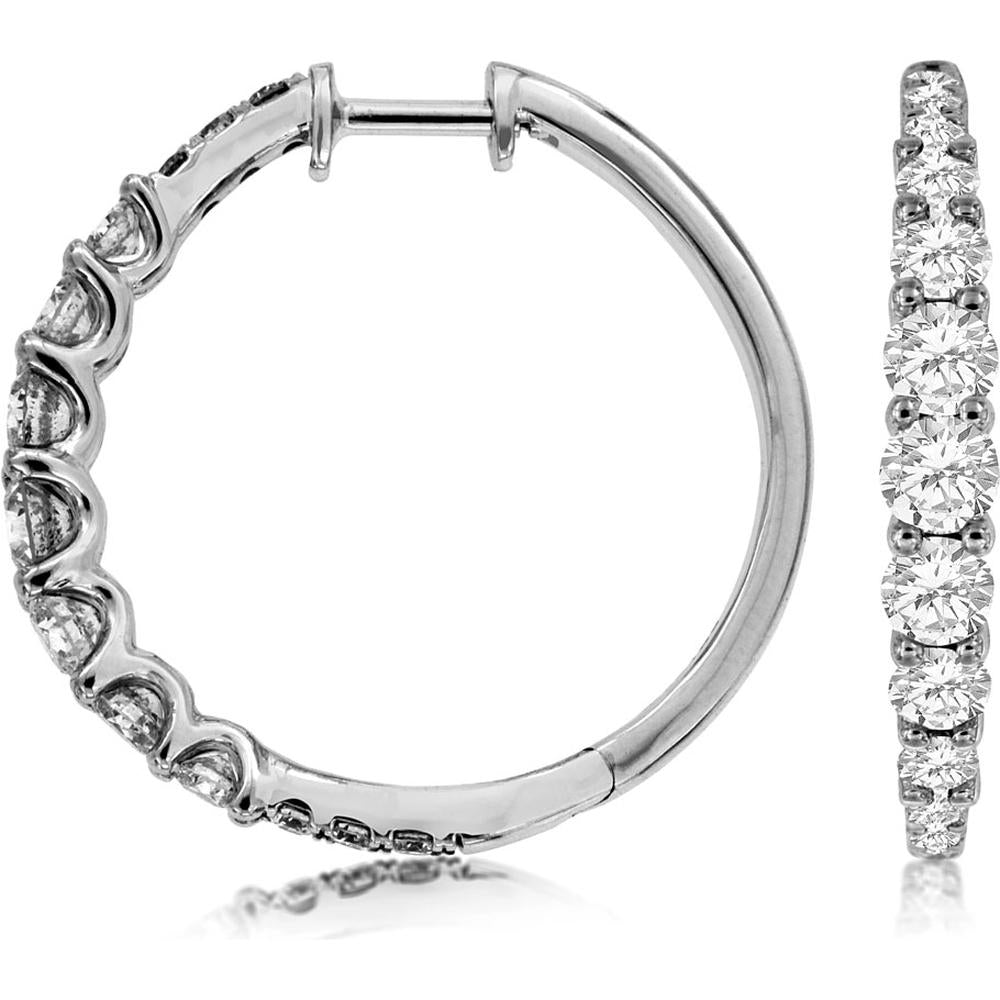 Royal 14K White Gold 22mm Hoop Earrings with Prong Set Round Diamonds - 1.50 Carats Total Diamond Weight