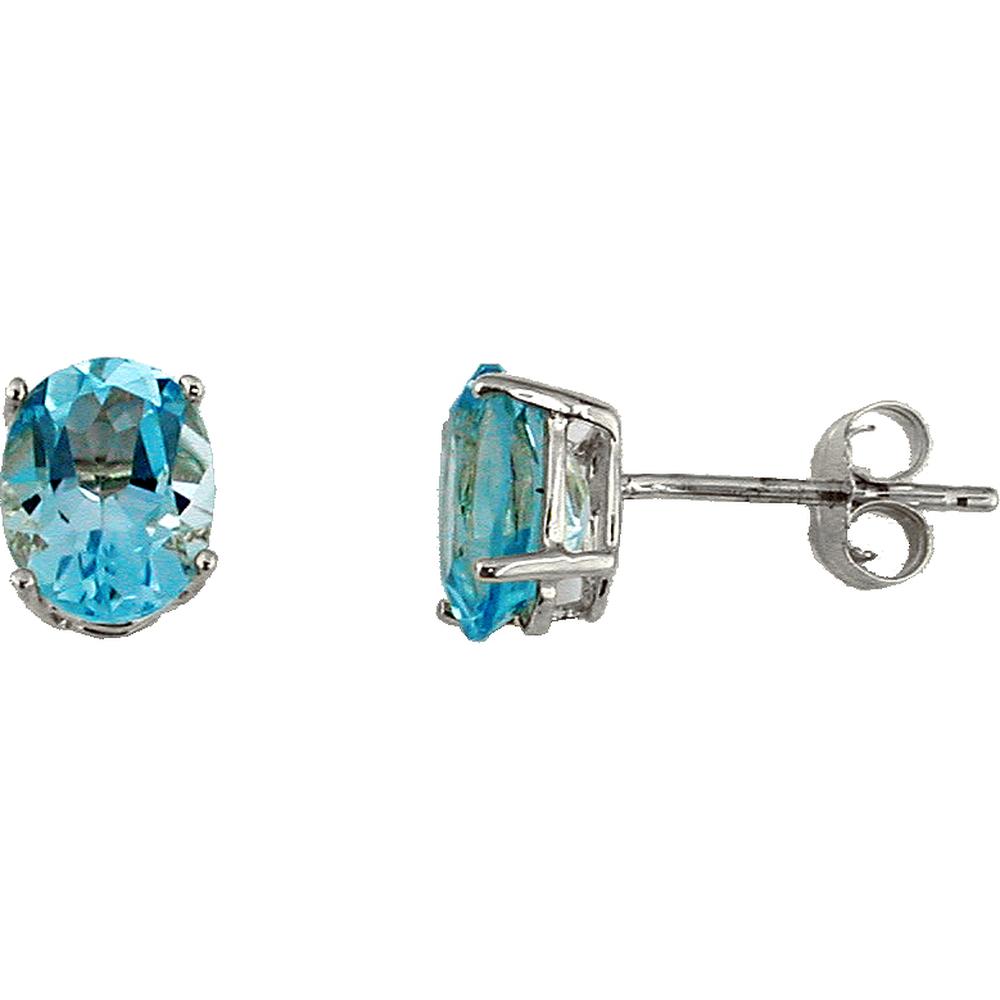 Royal 14K White Gold 3.00 Carat Blue Topaz Oval Stud Earrings