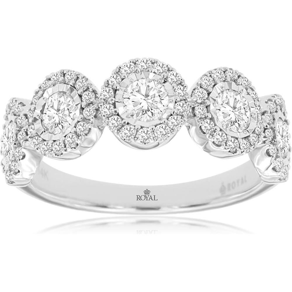 Royal 14K White Gold 3-Stone Diamond Wedding Band with Oval Halo Diamonds - 1.0 Carats Total Diamond Weight