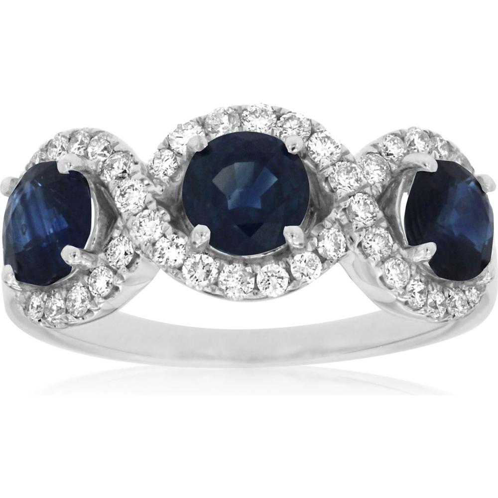Royal 14K White Gold 3-Stone Ring with Round Sapphires and Diamonds - 2.10 Carat Total Gem Weight