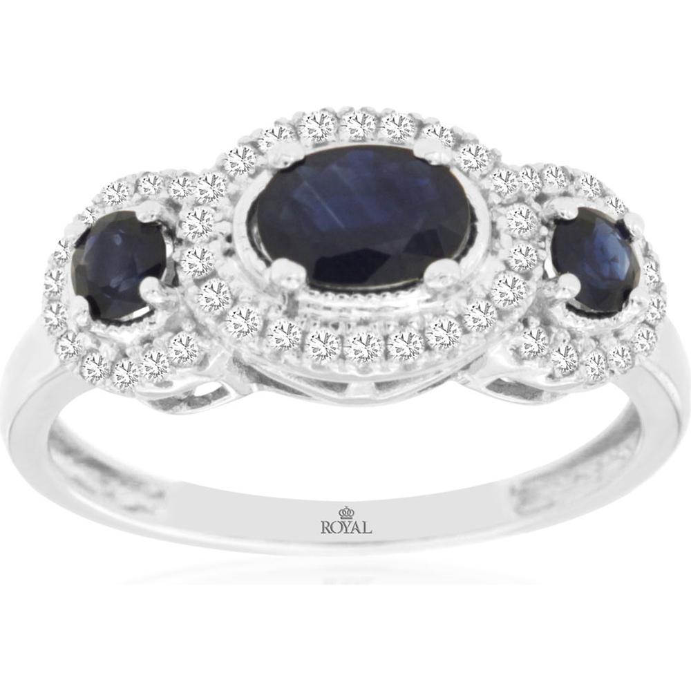 Royal 14K White Gold 3-Stone Sapphire Ring with Diamond Halo Accents - 1.23 Carats Total Sapphire Weight