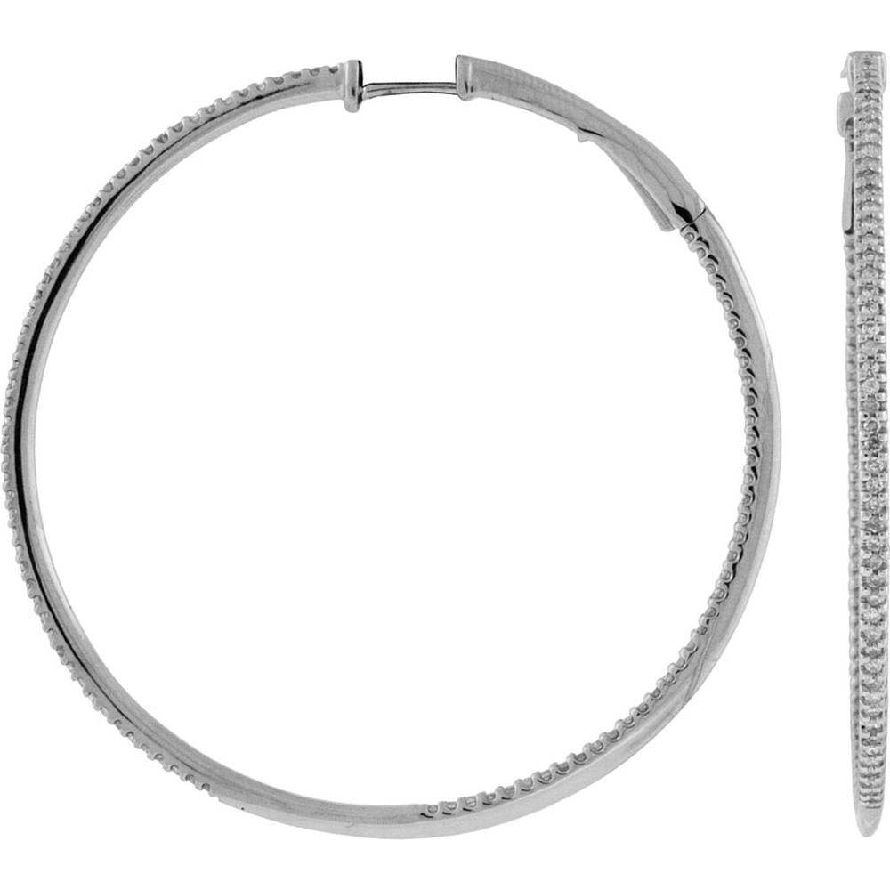 Royal 14K White Gold 49mm Large Hoop Earrings with Pave Set Round Diamonds - 1.00 Carats Total Diamond Weight