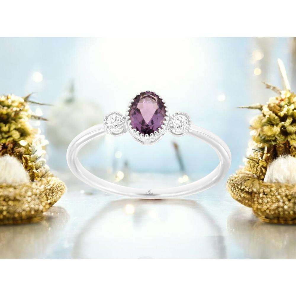 Royal 14K White Gold Amethyst & Diamond 3-Stone Ring - 0.40 Carats Amethyst, 0.06 Carats Total Diamond Weight