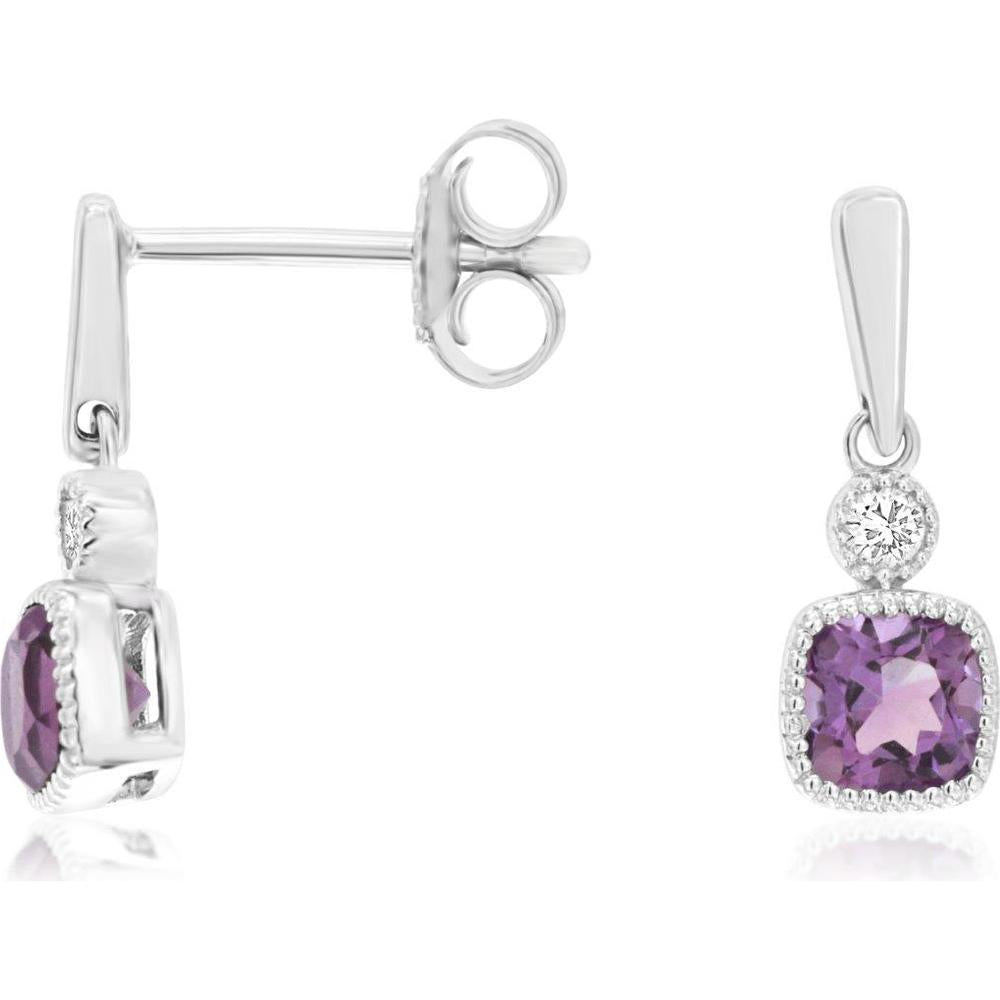 Royal 14K White Gold Amethyst and Diamond Drop Earrings with Milgrain Detail - 0.33 Carat Total Gem Weight