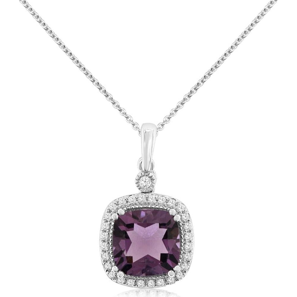 Royal 14K White Gold Amethyst & Diamond Halo Pendant - 2.50 Carats Amethyst, 0.18 Carats Diamond