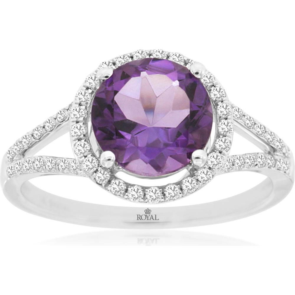 Royal 14K White Gold Amethyst and Diamond Halo Ring - 1.70 Carats Amethyst, 0.31 Carats Total Diamond Weight