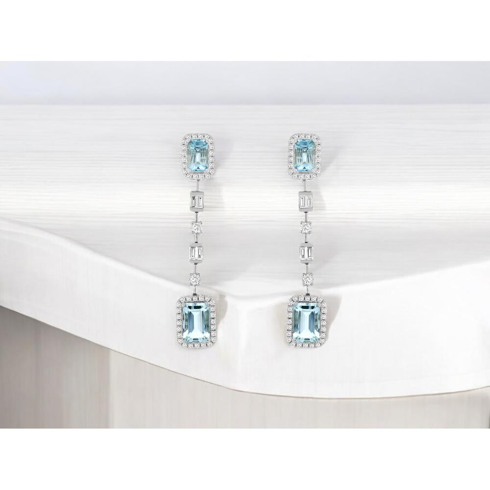 Royal 14K White Gold Aquamarine & Diamond Drop Earrings - 1.40 Carats Aquamarine, 1.40 Carats Total Diamond Weight