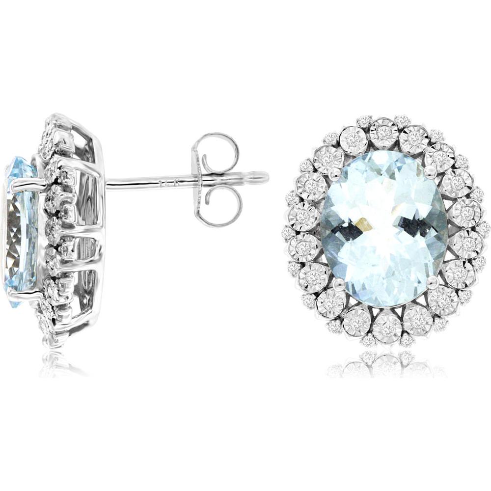 Royal 14K White Gold Aquamarine & Diamond Halo Earrings - 4.25 Carats Total Aquamarine & Diamond Weight
