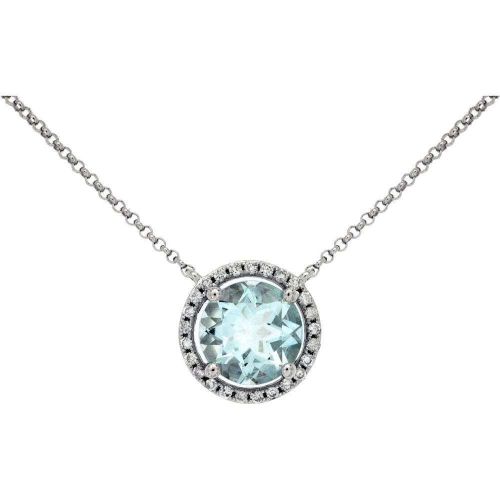 Royal 14K White Gold Aquamarine & Diamond Halo Necklace - 1.84 Carats Total Gem Weight