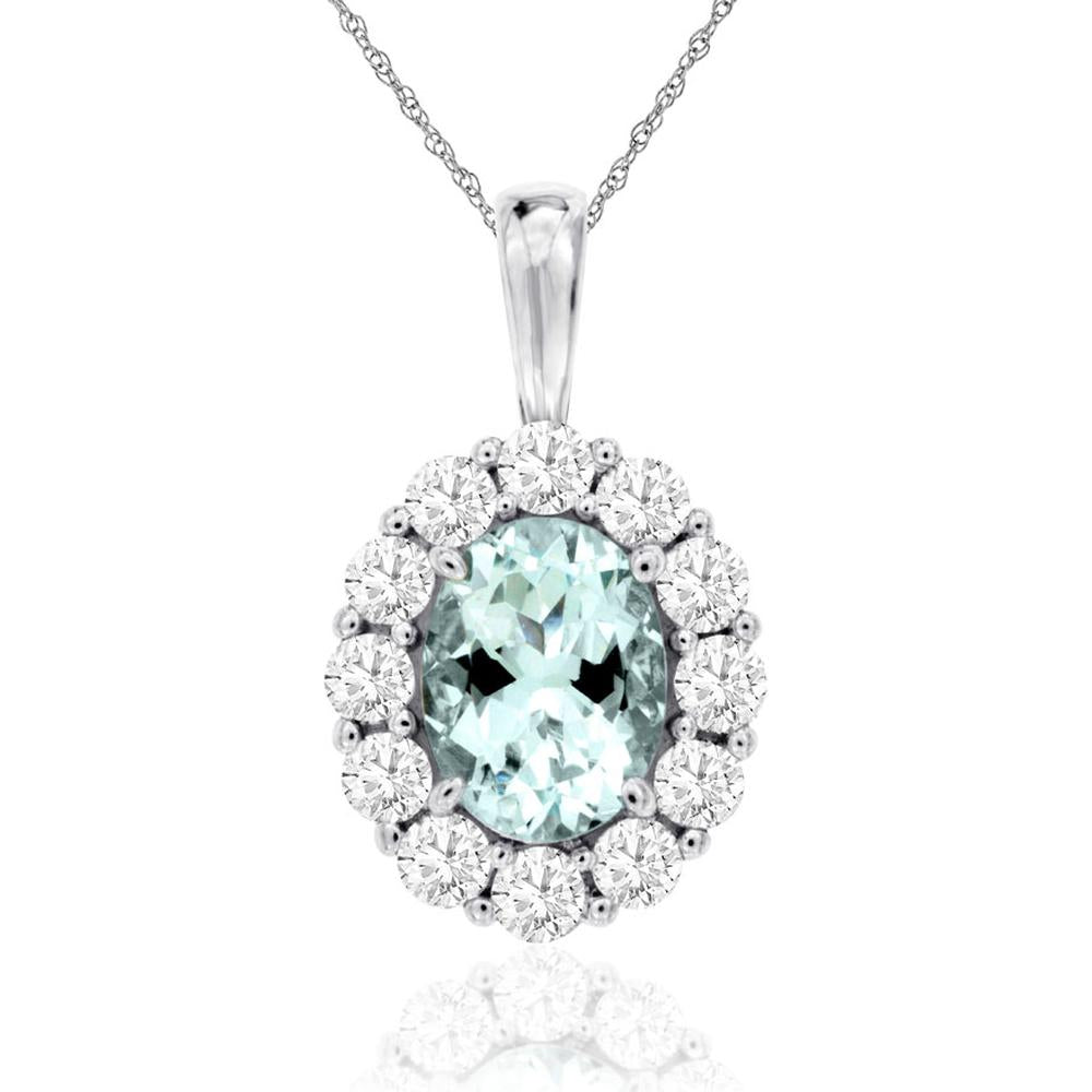 Royal 14K White Gold Aquamarine & Diamond Halo Pendant - 1.10 Carat Main Stone - 0.75 Carat Diamond Total Weight