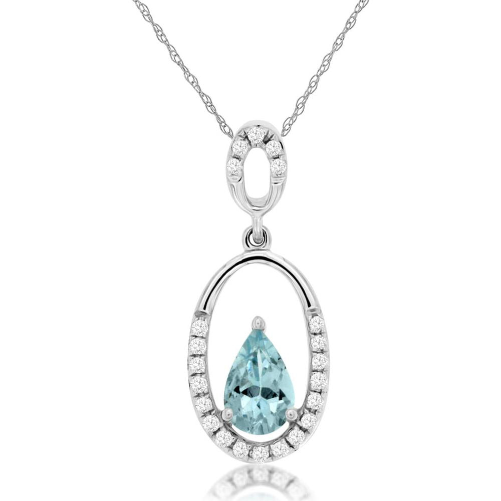Royal 14K White Gold Aquamarine and Diamond Halo Pendant Necklace - 0.35 Carat Aquamarine and 0.10 Carat Diamond