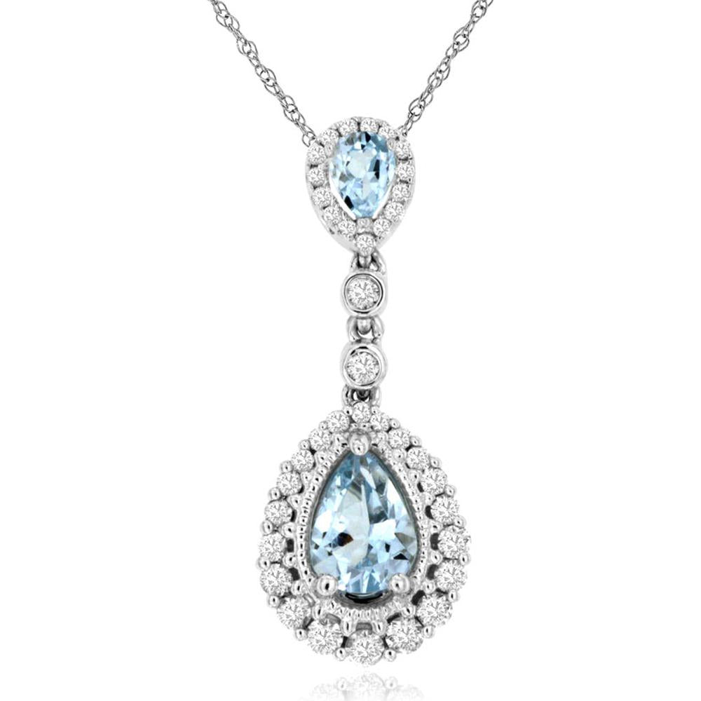 Royal 14K White Gold Aquamarine and Diamond Halo Pendant Necklace - 0.78 Carat Aquamarine, 0.31 Carat Diamond