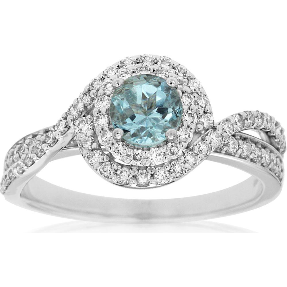 Royal 14K White Gold Aquamarine & Diamond Halo Ring - 0.44 Carats Aquamarine, 0.59 Carats Total Diamond Weight
