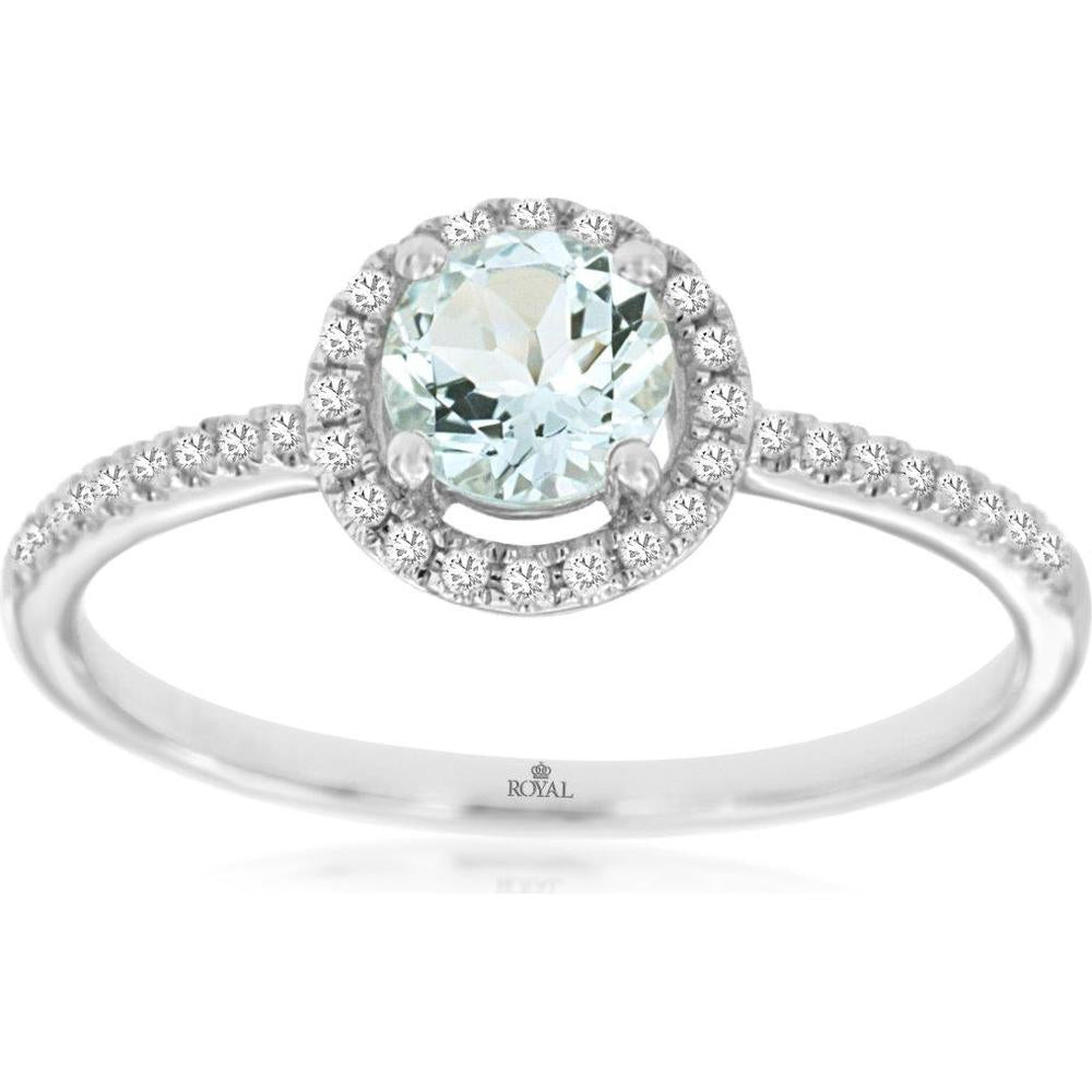 Royal 14K White Gold Aquamarine and Diamond Halo Ring - 0.45 Carat Aquamarine & 0.14 Carat Diamond Total Weight