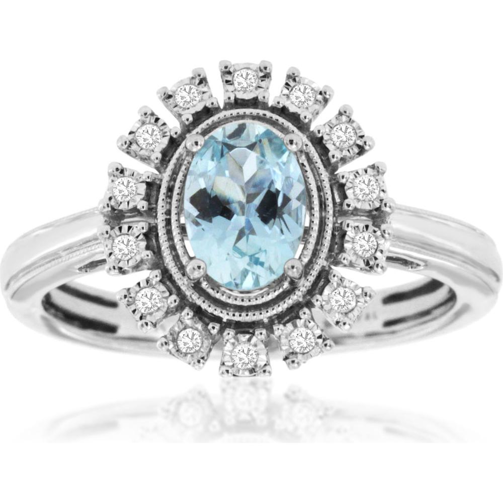 Royal 14K White Gold Aquamarine and Diamond Halo Ring - 0.68 Carats Aquamarine, 0.07 Carats Diamond Total Weight