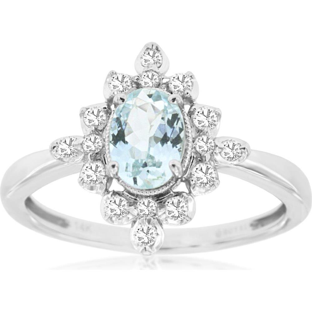 Royal 14K White Gold Aquamarine & Diamond Halo Ring - 0.68 Carats Aquamarine, 0.25 Carats Total Diamond Weight