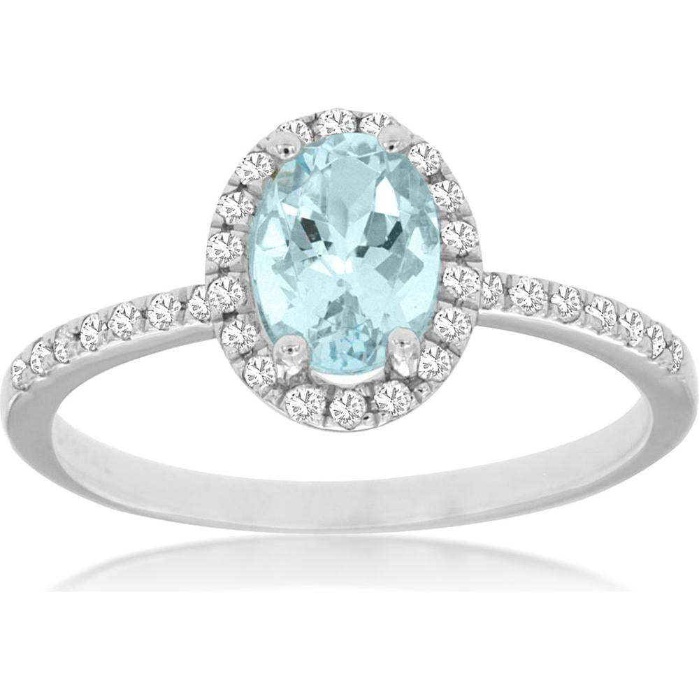 Royal 14K White Gold Aquamarine & Diamond Halo Ring - 0.68 Carats Aquamarine & 0.17 Carats Diamond Weight