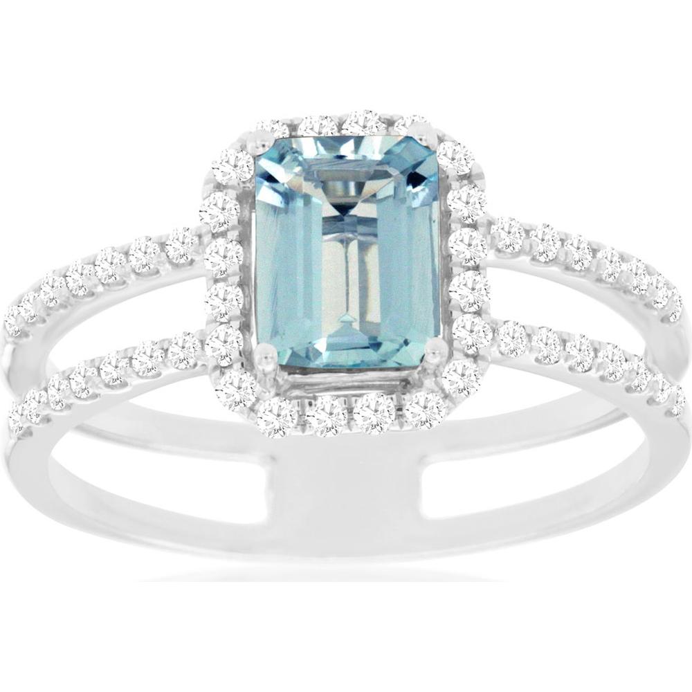 Royal 14K White Gold Aquamarine and Diamond Halo Ring - 0.87 Carats Aquamarine, 0.30 Carats Total Diamond Weight