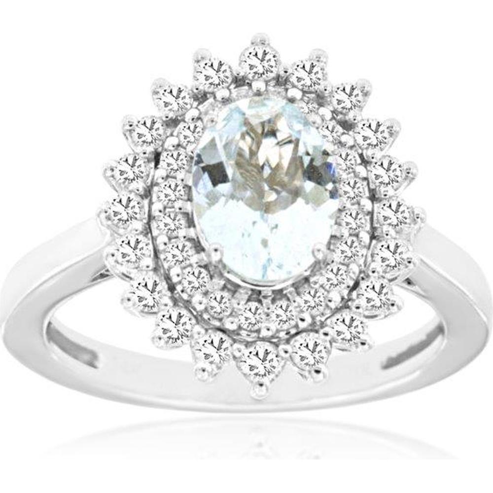 Royal 14K White Gold Aquamarine & Diamond Halo Ring - 1.1 Carats Aquamarine & 0.50 Carats Total Diamond Weight
