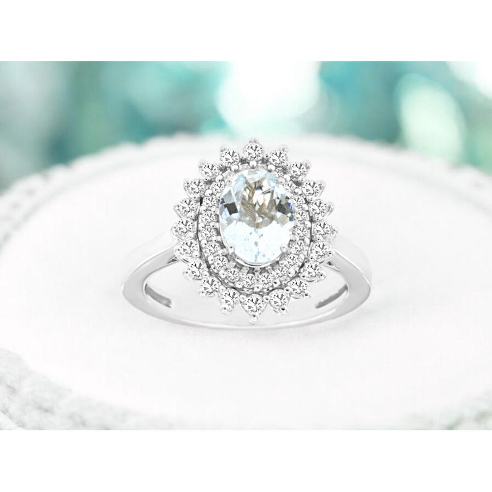 Royal 14K White Gold Aquamarine & Diamond Halo Ring - 1.1 Carats Aquamarine & 0.50 Carats Total Diamond Weight