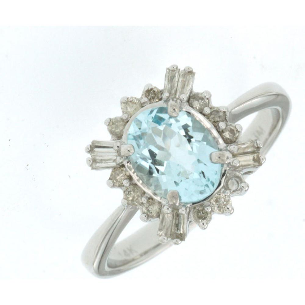 Royal 14K White Gold Aquamarine and Diamond Halo Ring - 1.10 Carat Oval Aquamarine - 0.25 Carat Total Diamond Weight