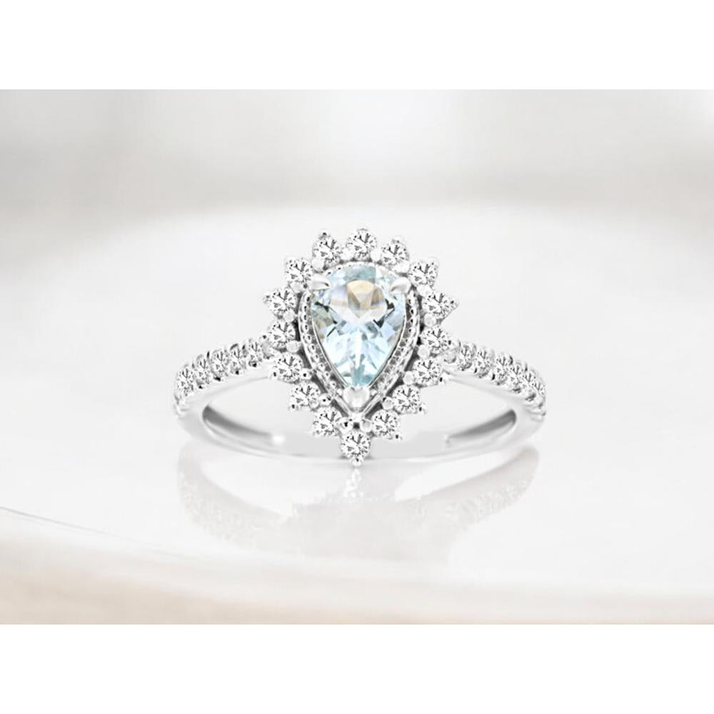Royal 14K White Gold Aquamarine & Diamond Halo Ring - 1.15 Carats Total Gem Weight