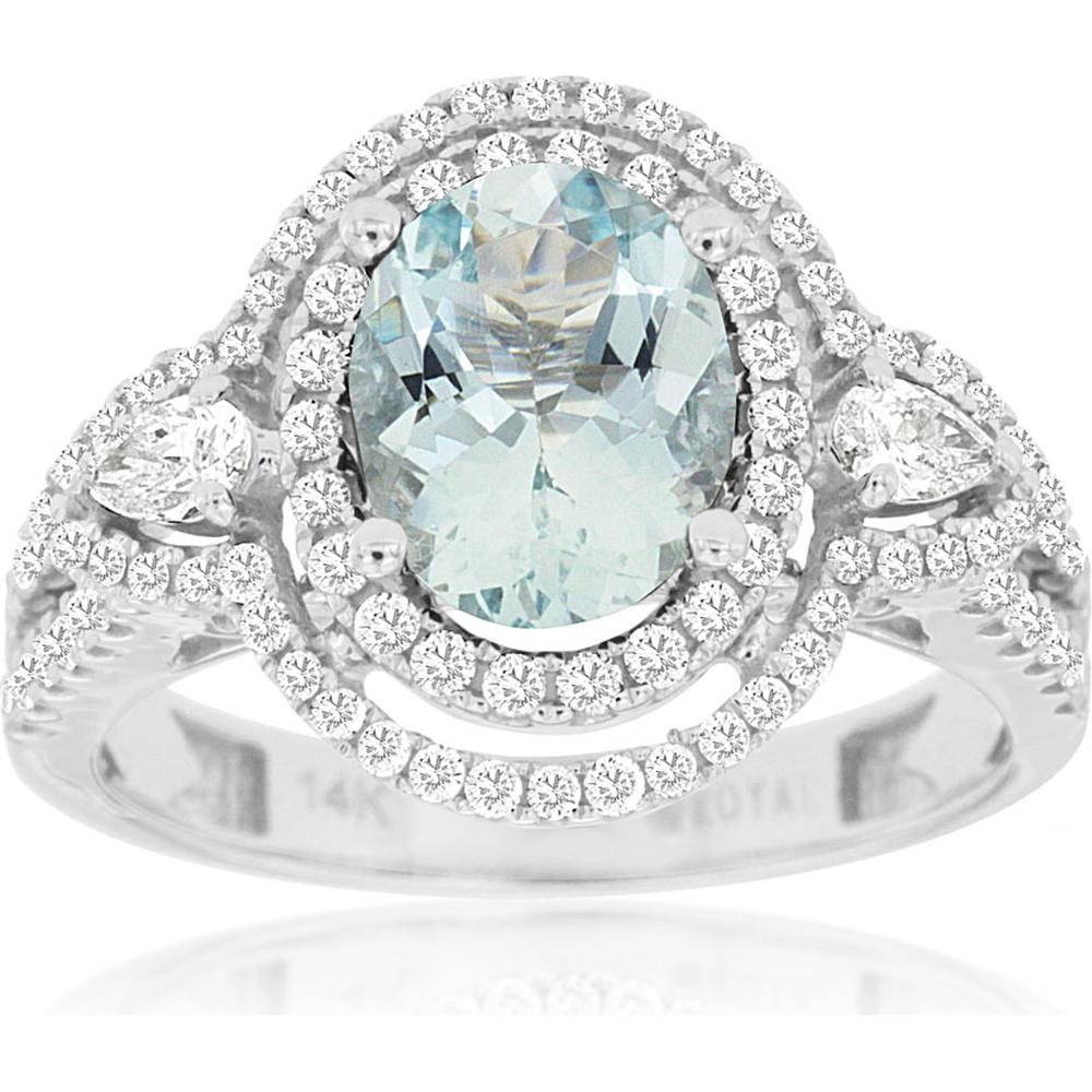 Royal 14K White Gold Aquamarine & Diamond Halo Ring - 1.45 Carats Aquamarine, 0.72 Carats Total Diamond Weight