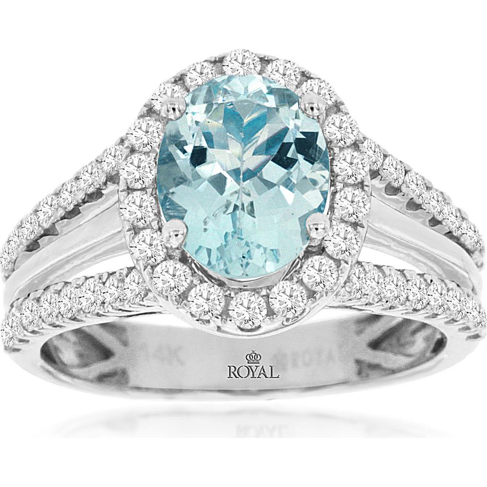 Royal 14K White Gold Aquamarine & Diamond Halo Ring - 1.47 Carats Aquamarine, 0.82 Carats Total Diamond Weight