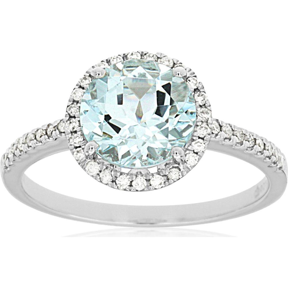 Royal 14K White Gold Aquamarine & Diamond Halo Ring - 1.75 Carats Aquamarine, 0.16 Carats Total Diamond Weight