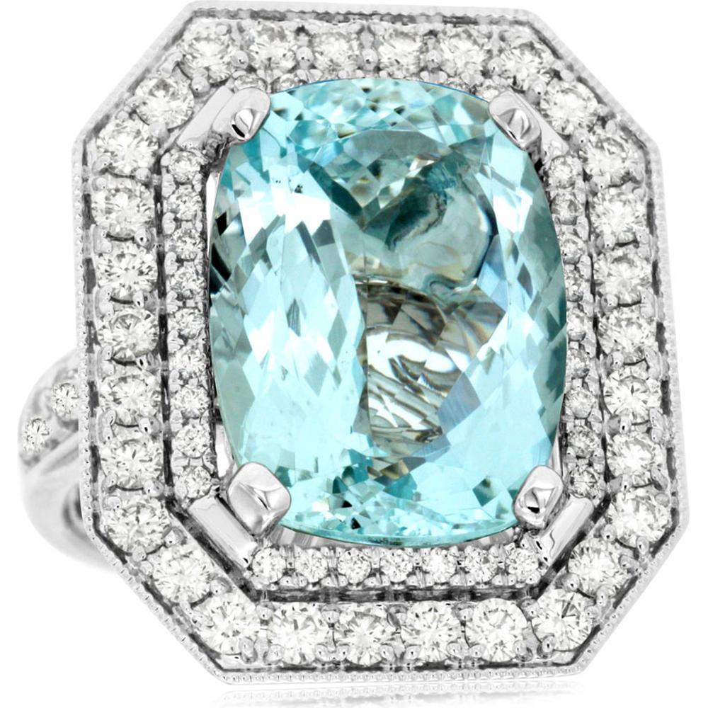 Royal 14K White Gold Aquamarine & Diamond Halo Ring - 12.85 Carats Aquamarine, 1.55 Carats Total Diamond Weight