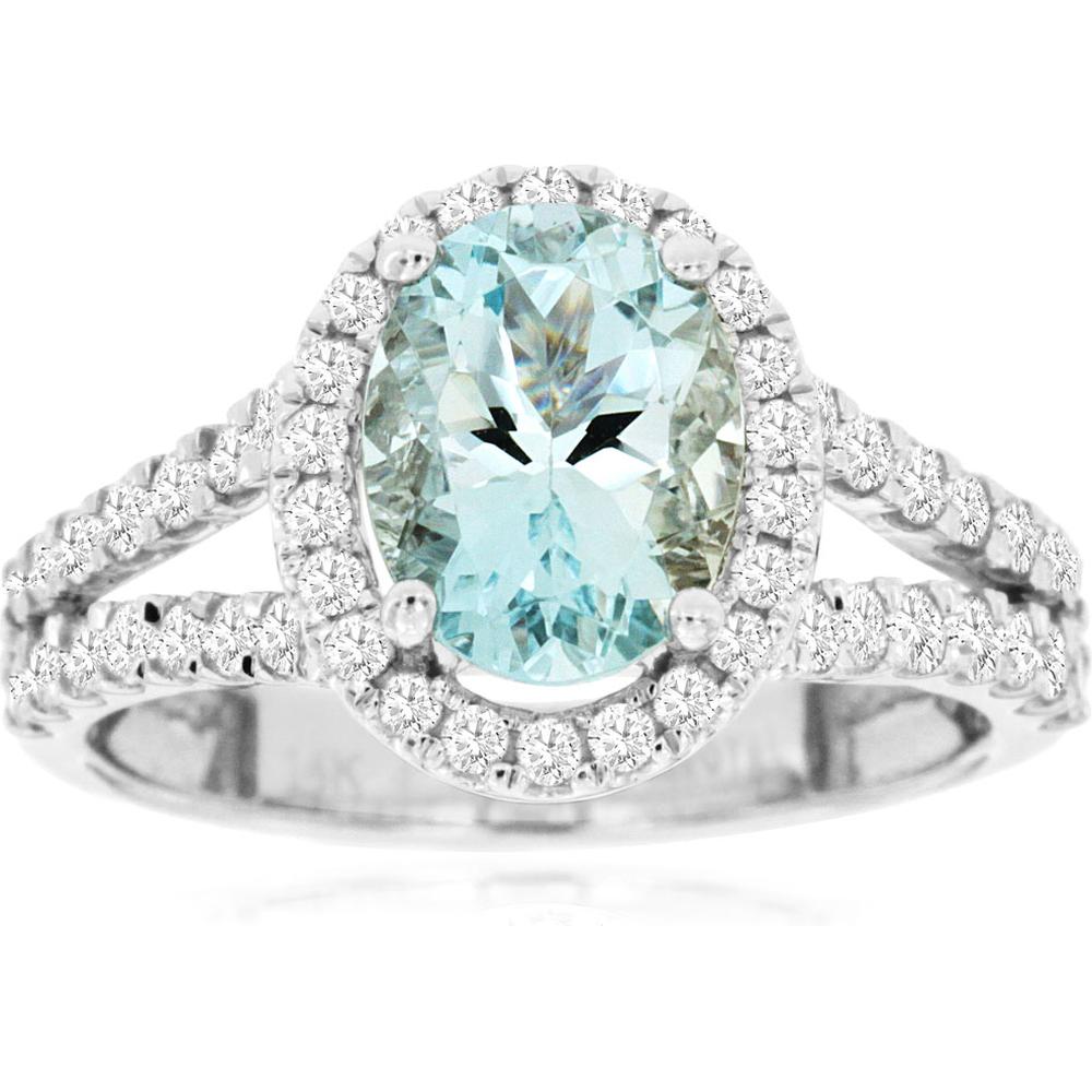 Royal 14K White Gold Aquamarine & Diamond Halo Ring - 2.17 Carats Total Gem Weight