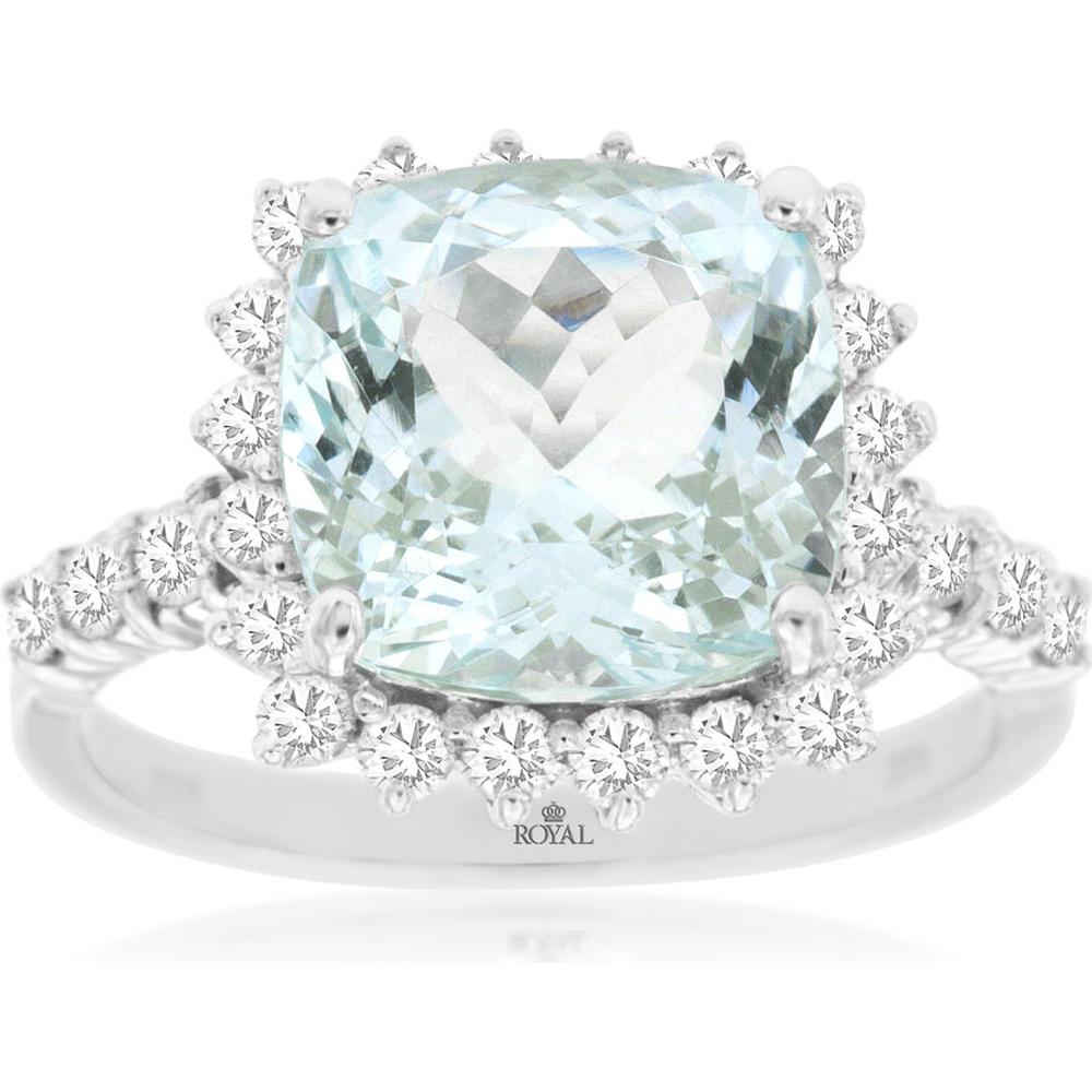 Royal 14K White Gold Aquamarine & Diamond Halo Ring - 3.40 Carats Aquamarine, 0.65 Carats Total Diamond Weight