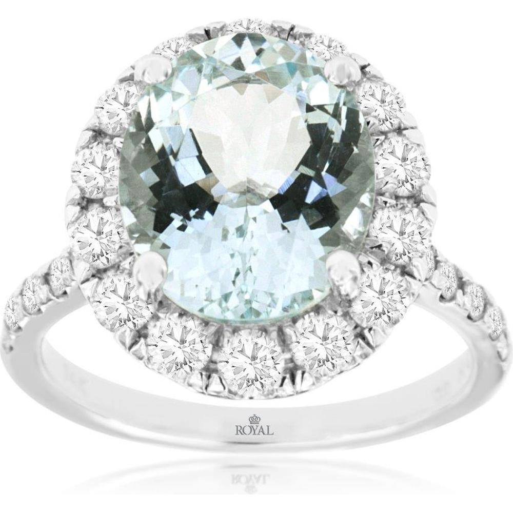 Royal 14K White Gold Aquamarine & Diamond Halo Ring - 4.00 Carats Aquamarine, 1.25 Carats Total Diamond Weight